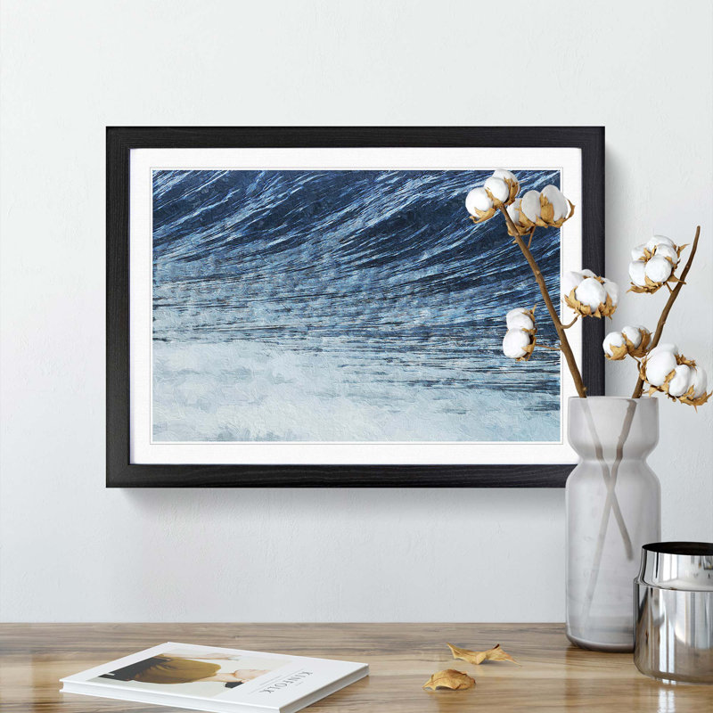 Rising of the Wave in Blue - Picture Frame Painting Print on MDF, 48cm H x 65cm W x 2cm D, Black Framed