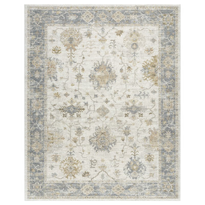 Fresnal Ivory/Blue Traditional Damask Performance Woven Indoor Area Rug