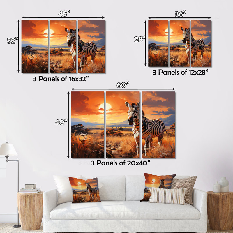 Zèbre sur une vaste prairie II sur toile, 3 pièces, H 28 po x l 36 po x P 1 po