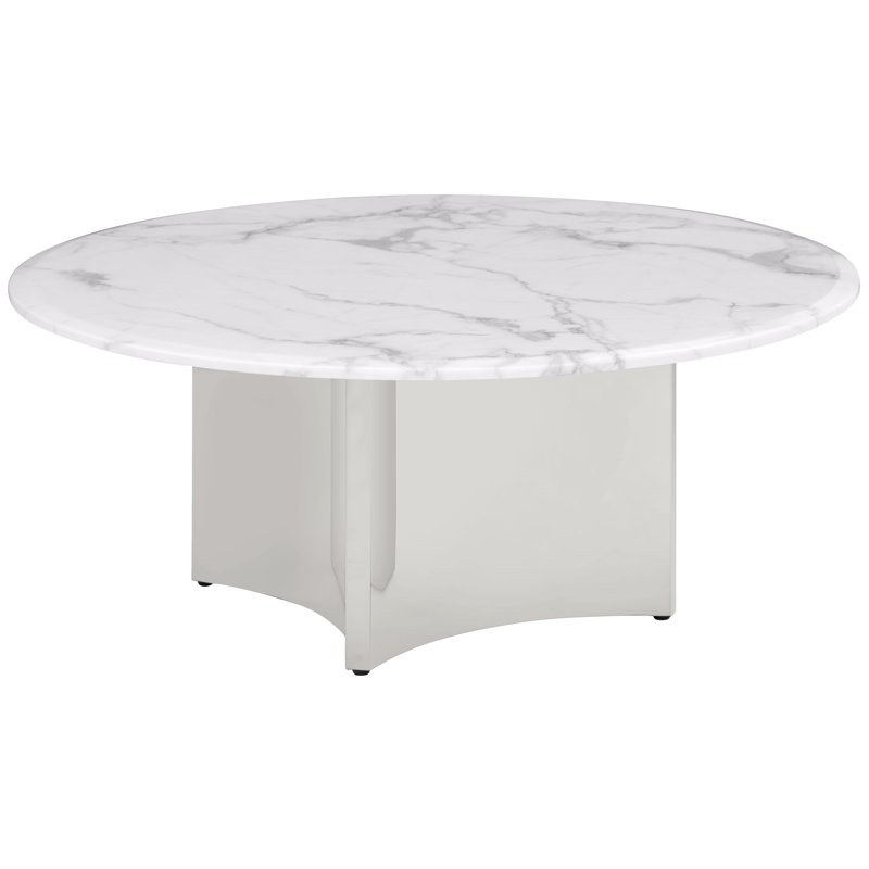 Table basse en marbre blanc avec base en acier inoxydable, Argent argent