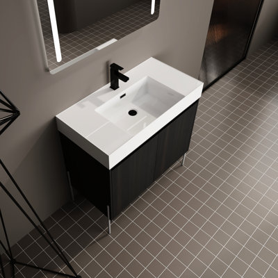 Meuble-lavabo moderne avec lavabo en résine en chêne foncé et rangement pratique