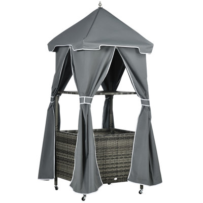 Outsunny Outdoor Towel Valet Caddy, Covered Poolside Towel Holder Rack, Shelf, Basket, Rolling PE Rattan Wicker Storage On Wheels, Grey
