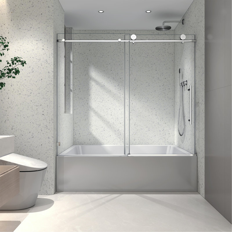 6063 Brushed Nickel Frameless One Fixed And One Shifted Shower Door,70MM 304 Stainless Steel Large Pulleys With Adjustable Soft Closing Function,With Nano Easy Cleaning,Stick Explosion-Proof Menbrance