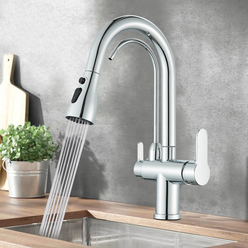 Robinets mélangeurs chromés à 3 voies pour robinet de cuisine avec douchette extractible