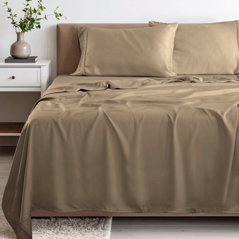 Superior 300 Thread Count 100% Rayon From Bamboo Solid Deep Pocket Bed Sheet Set, Taupe, Queen 4pc Set