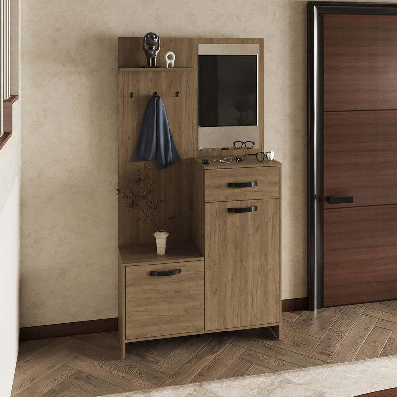 Hall d'entrée à miroir 75 po Parker avec cintres, trois tablettes, deux armoires, un tiroir, une entrée, une console, un salon