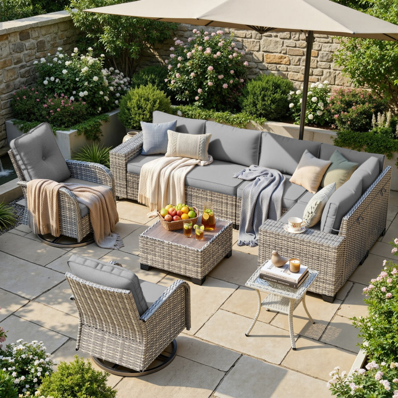 Ensemble de conversation 9 pièces pour patio en osier avec accoudoirs larges, canapé modulaire et chaises pivotantes 9 pièces