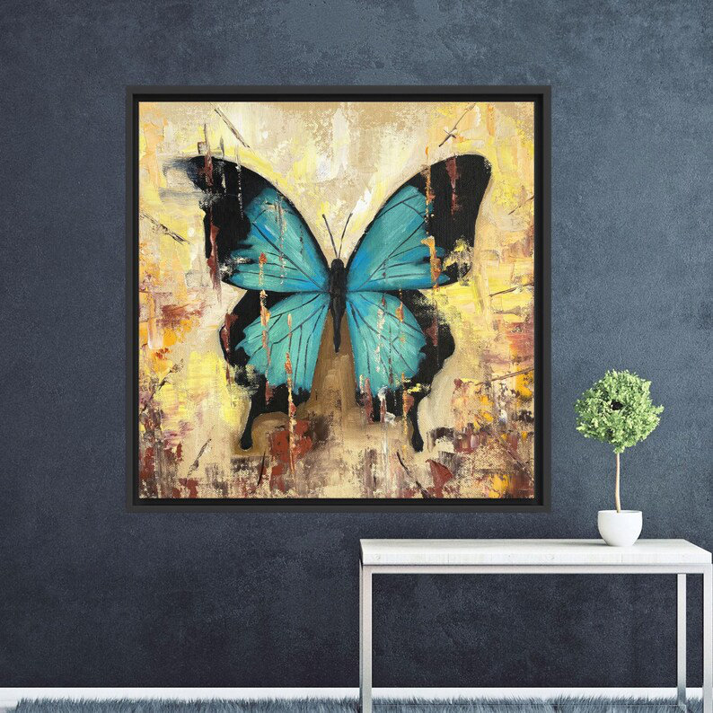«Abstract Blue Butterfly», art mural encadré pour les enseignants - jaune, Cadre flottant noir, H 41 po x l 41 po