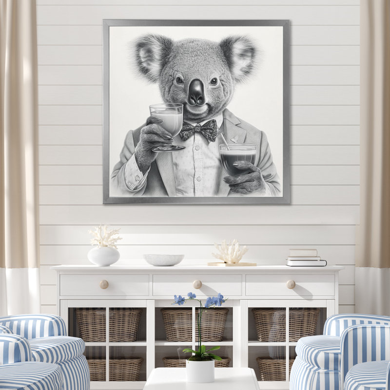 Koala ayant une boisson sur toile, Cadre photo argenté, H 16 po x l 16 po x P 1 po