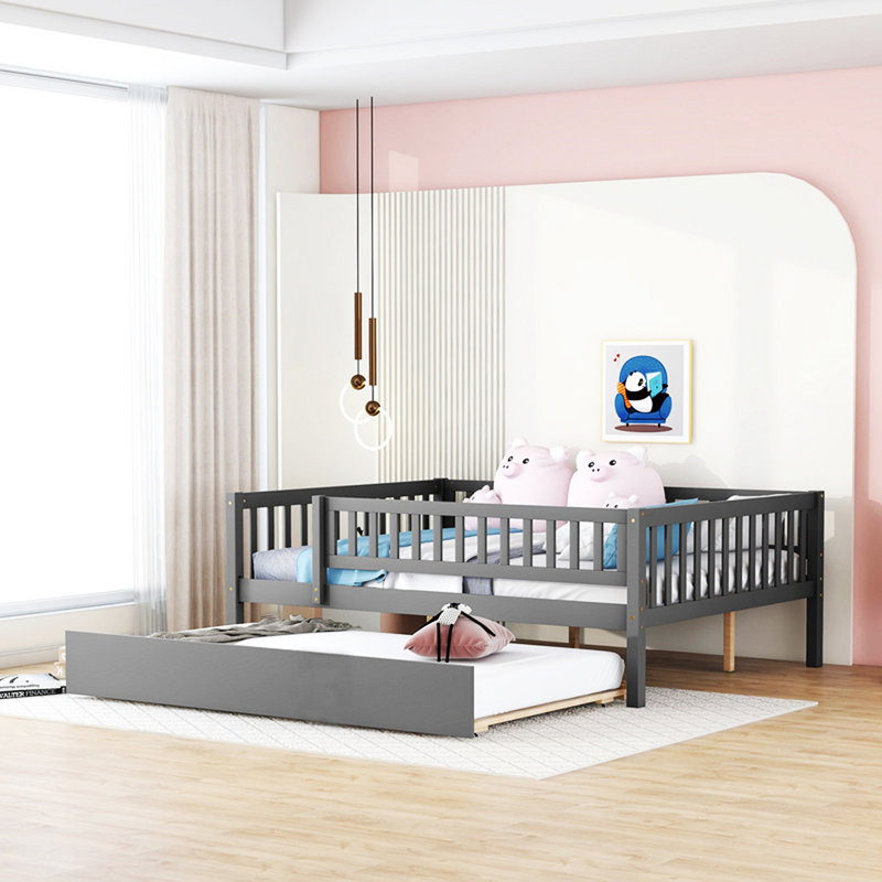 Wood Daybed with Trundle and Fence Guardrails, Gray, Full