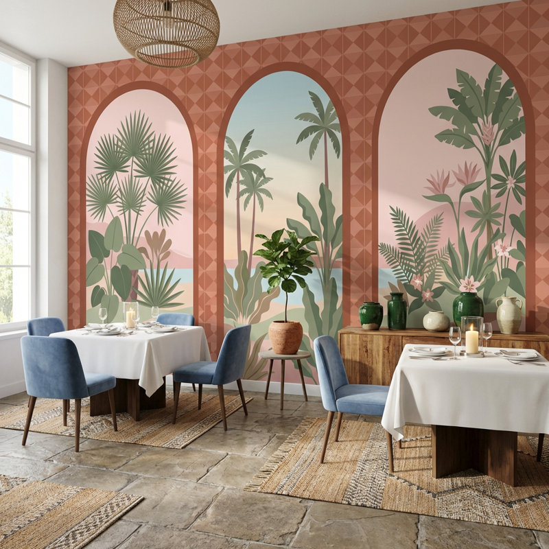 Murale arquée avec papier peint paysage côtier tropical, 100 po x 96 po, Non tissé