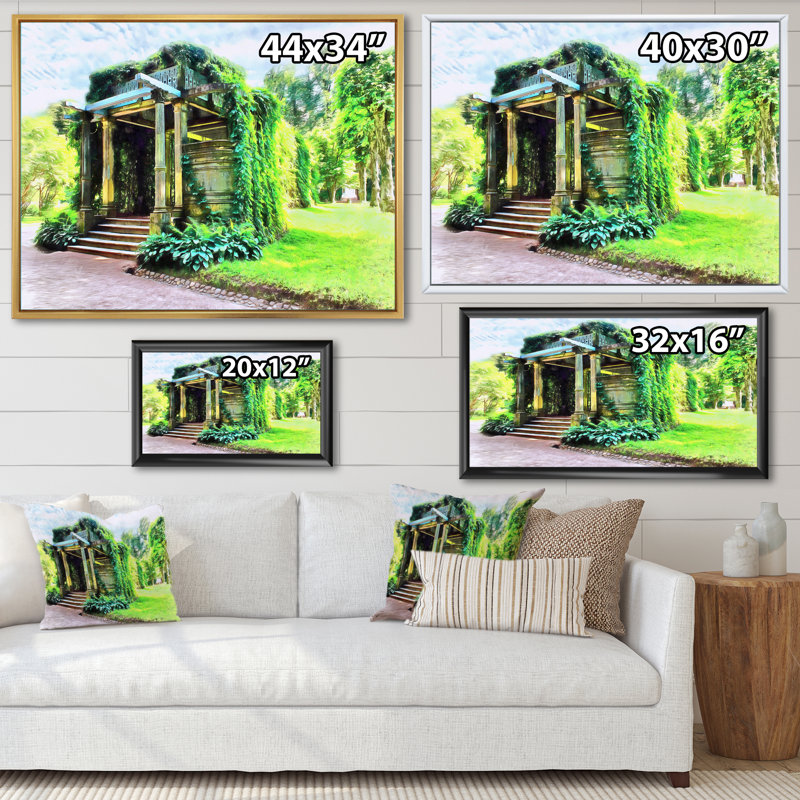 Pergola envahie par le vert - peinture sur toile, H 34 po x l 44 po x P 1,5 po, Cadre flottant blanc