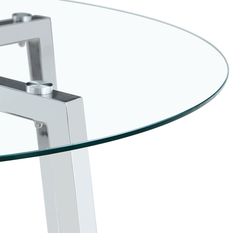 Modern Round Clear Tempered Glass Dining Table, Silver, 29.5" H x 47.3" W x 47.3" D