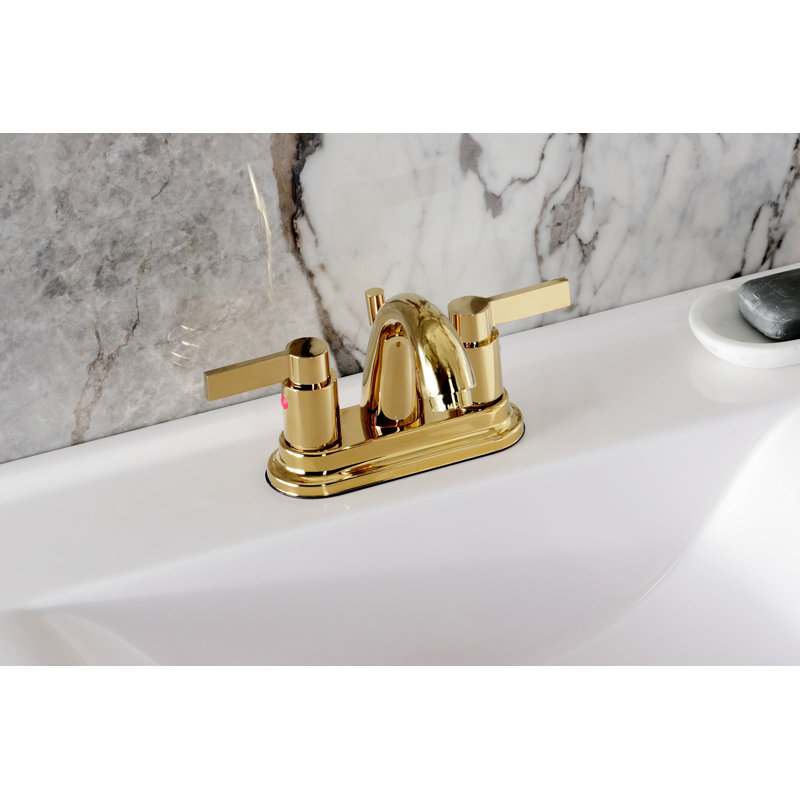 Kingston Brass NuvoFusion Two-Handle 3-Hole Deck Mount 4" Centerset Bathroom Faucet with Plastic Pop-Up, Polished Brass