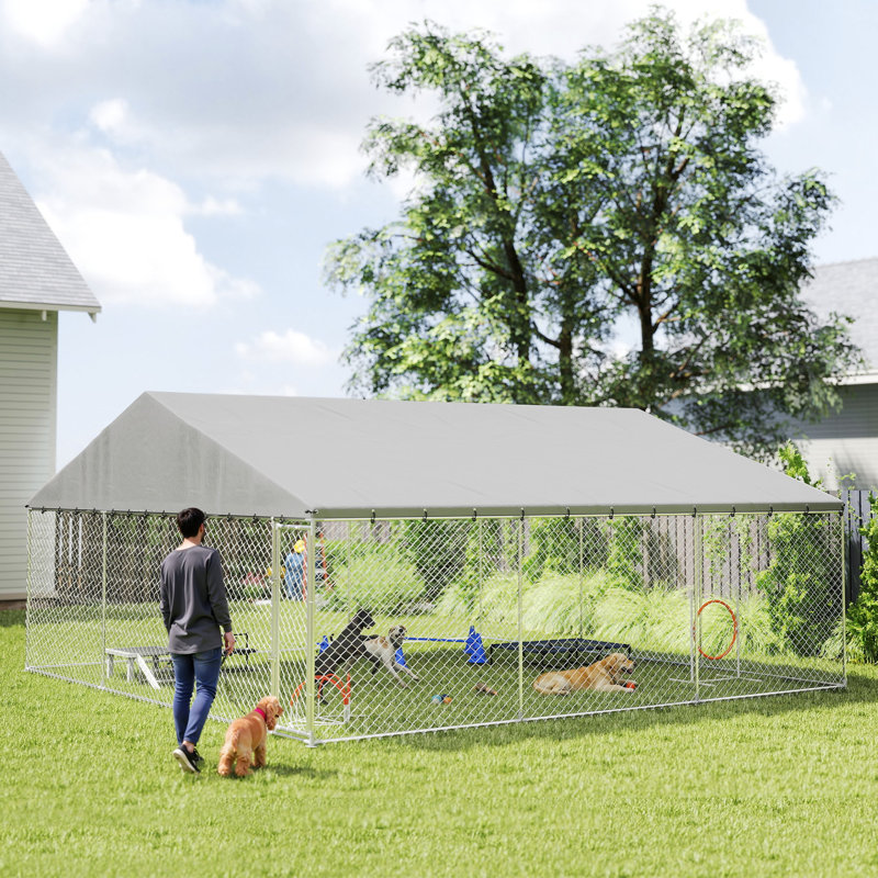 Outdoor Dog Kennel, 20' x 20' x 10', Heavy Duty Large Dog Kennel Outside w/ Waterproof Roof, Galvanized Chain Link Pet Enclosure w/ Secure Lock, for Large Breed, Chicken, Duck