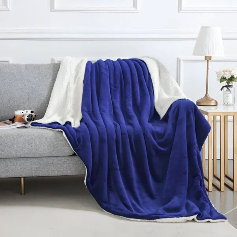 Kaylie Soft Sherpa Fleece Fur Thick Dual Sided Reversible Blanket Throw, Navy, 150cm x 200cm