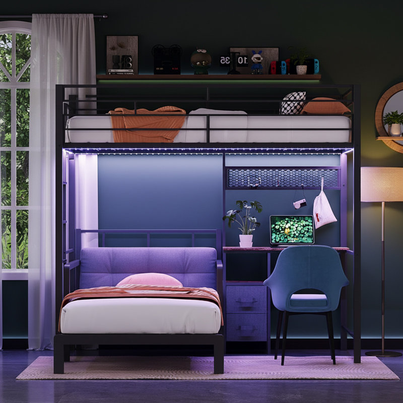 Lit simple superposé en métal avec bureau, tiroirs, bande DEL, station de charge USB, garde-corps et échelle, noir, Noir