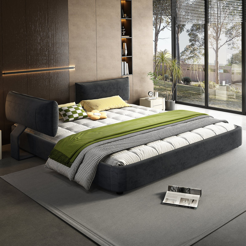 Très grande base de lit Cloud avec tête de lit mobile surdimensionnée et rembourrée, lit tapissier en chenille avec coin rond, support double en lattes de bois massif et métal, pas de sommier tapissier requis, gris foncé
