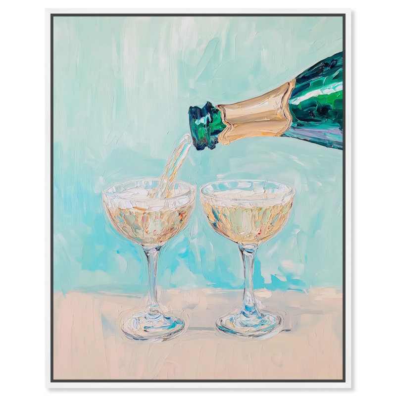 «Glasses Of Wine», plage, art côtier par Art Remedy, Cadre flottant blanc, H 21 po x l 17 po x P 1,8 po