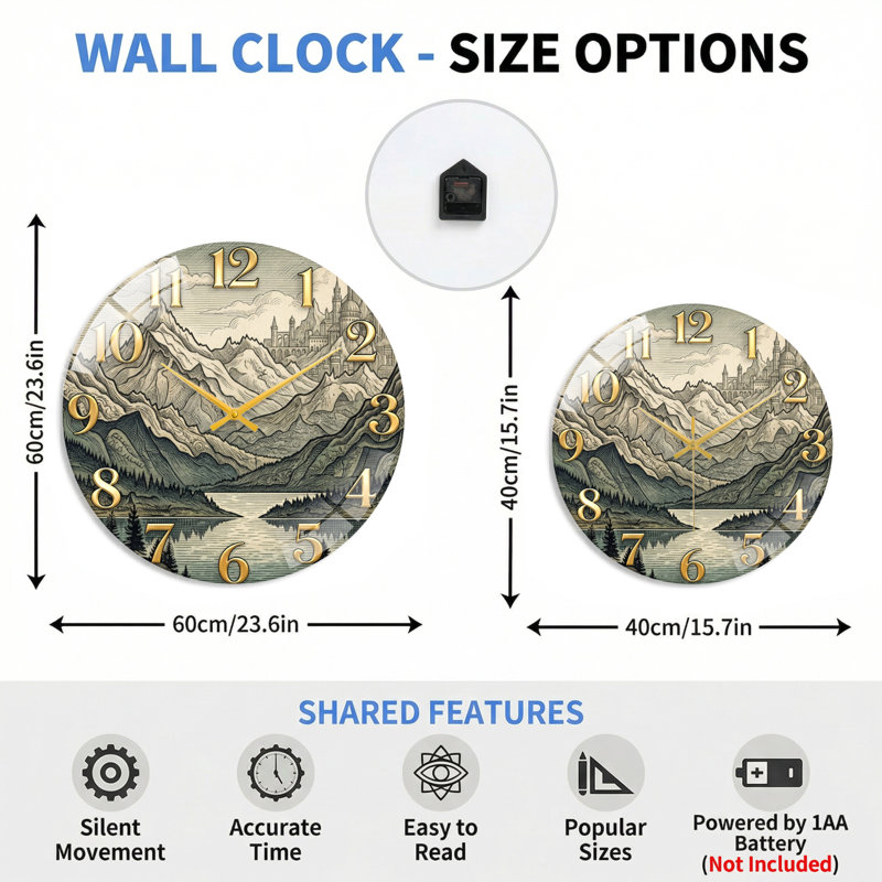 «Mountain Castle», horloge murale en verre, 40 x 40 cm (15,7 x 15,7 pouces)