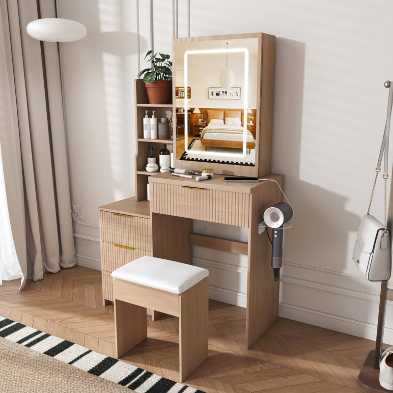 Meuble-lavabo moderne avec 4 tiroirs et 3 modes d'éclairage DEL, Noyer