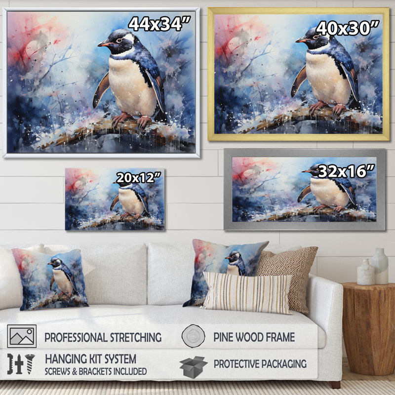 «Snowy Penguin Wonders» sur impression sur toile, H 34 po x l 44 po x P 1,5 po, Cadre photo blanc