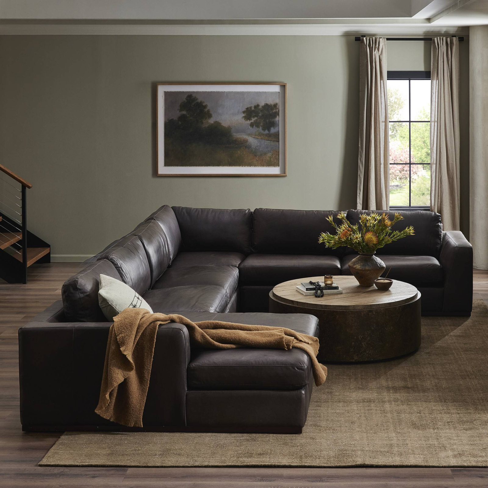 Wexford Genuine Leather Corner Sectional, Right Hand Facing, Merino Cotton Polyester Blend