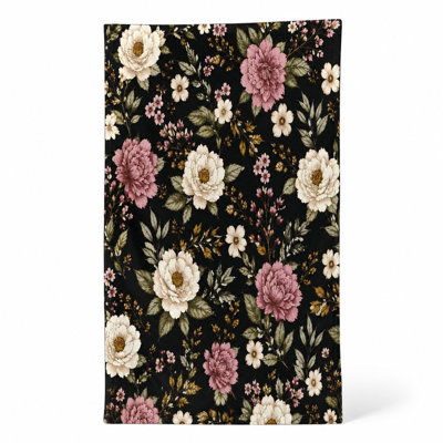 1Pcs Black Floral Beach Towel, featuring large peony and small prints in a vintage style. Soft microfiber, ideal for, swimming, travel, outdoor activities, unisex.