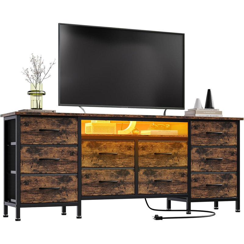 TV Stand for 65, 70, 75 Inch TV, 10 Drawer Long Dresser with Power Outlets and LED Lights, 63 Inch Entertainment Center TV Stand Dresser Storage Drawers