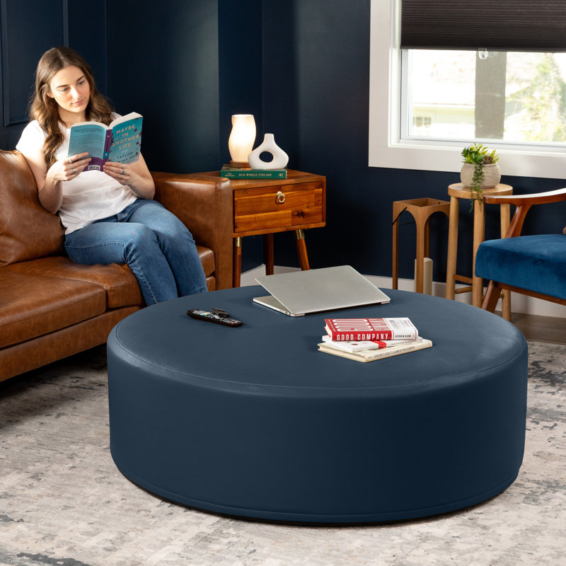 Latitude Run® Candler Round Couch Ottoman – Oversized Giant Coffee Table & Foot Rest, 44”, Oxford Blue