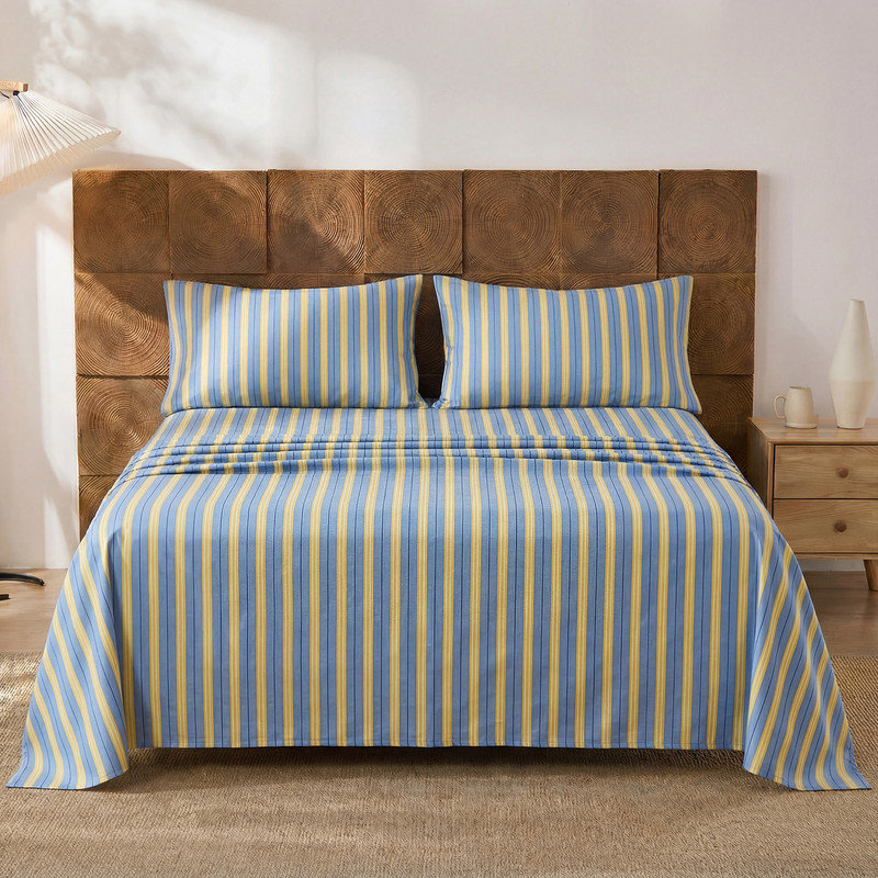 Blue & Yellow Striped Sheet Set Full Size, 100% Cotton Fitted Sheet Set with Deep Pockets, Crisp Cool Feeling, Ribbon Stripes Design, 4-Piece All Season Bedding