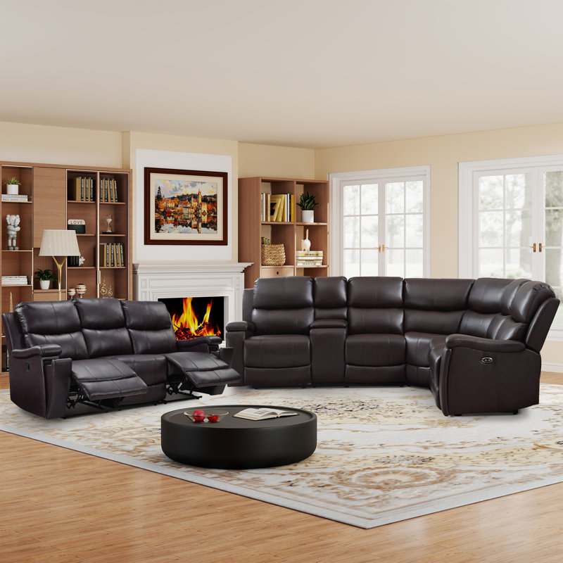 Ensemble de canapé modulaire et de canapé inclinable 2 pièces avec porte-gobelet et ports USB Hunstant, Similicuir espresso