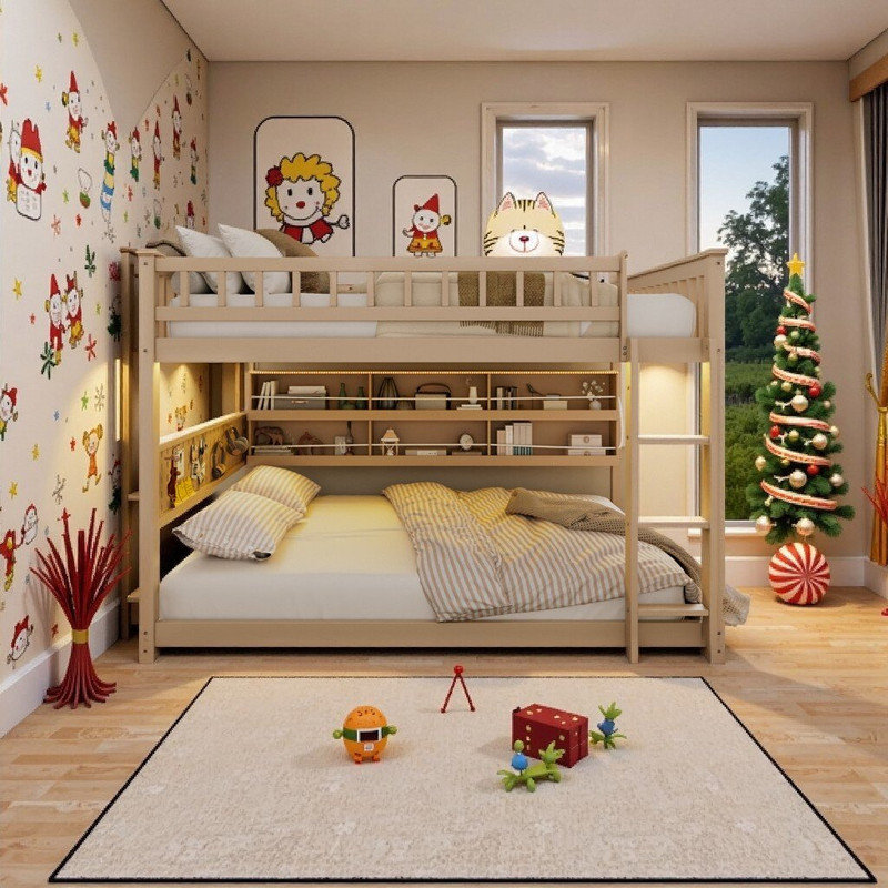 (Lit double superposé au-dessus d'un grand lit / double au-dessus d'un lit double) en bois massif avec tablette, lumières DEL et panneau perforé