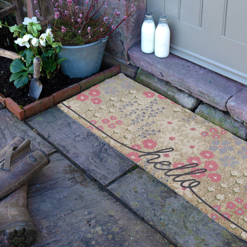 Hello Scribbly Floral Coir Doormat, Brown, 40cm W x 120cm L
