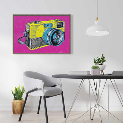 Toile encadrée avec caméra colorée rétro | Décoration jaune passe-temps