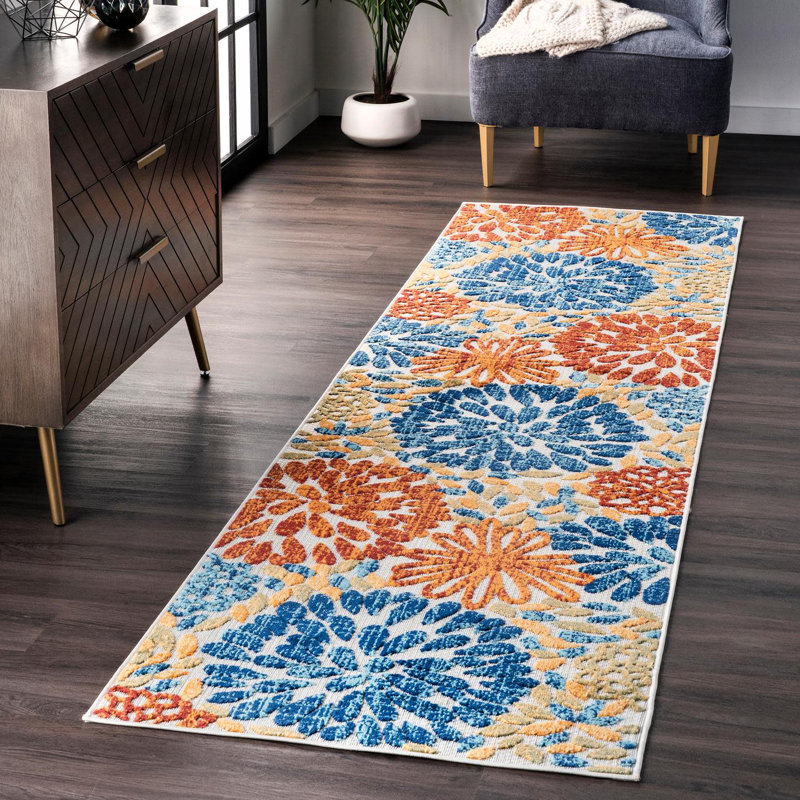 Weyland Floral Power Loom Blue/Orange Indoor/Outdoor Patio Rug, Runner 2'6" x 10'