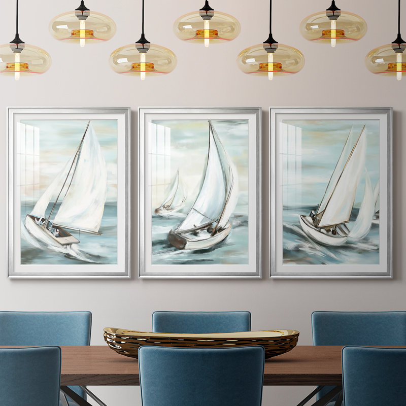 NAUTICAL Series Liv - Impression encadrée sur mesure de qualité supérieure mate - 3 pièces, H 21 po x l 30 po, Argent argent