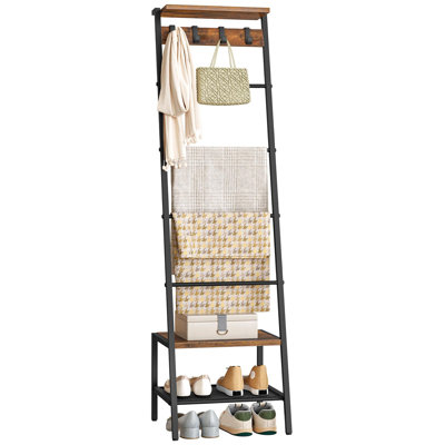 Blanket Ladder, Towel Rack For Living Room And Bedroom, Decorative Ladder Shelf With Hooks, Metal Frame, Giraffe Shape, Industrial Style, Rustic Brown And Black