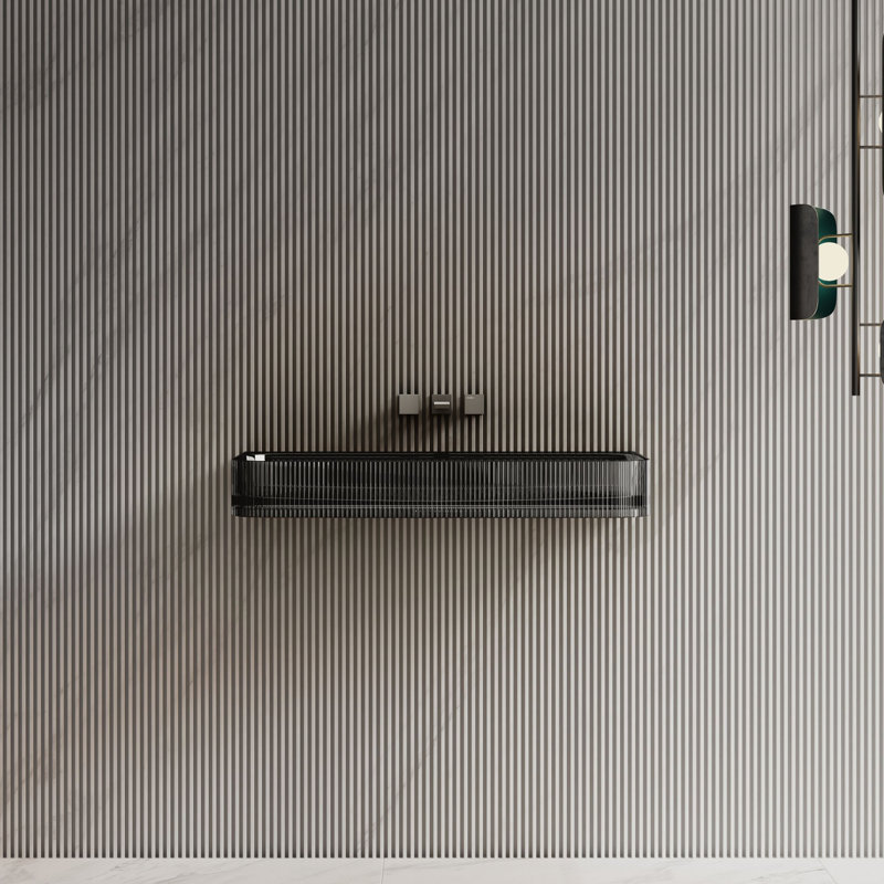 Lavabo de salle de bain mural cannelé en résine 35 po x 18 po MonBlari, 35.43" L X 18.11" W X 4.72" H", Clear Black