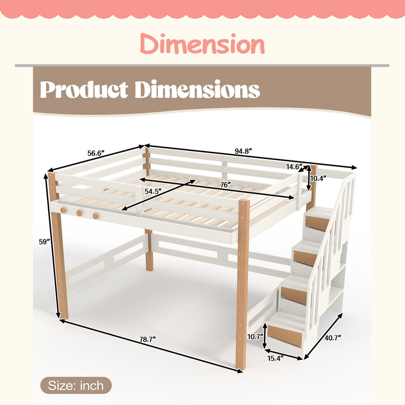 Structure de lit en bois avec petites tablettes pour livres, Lit double