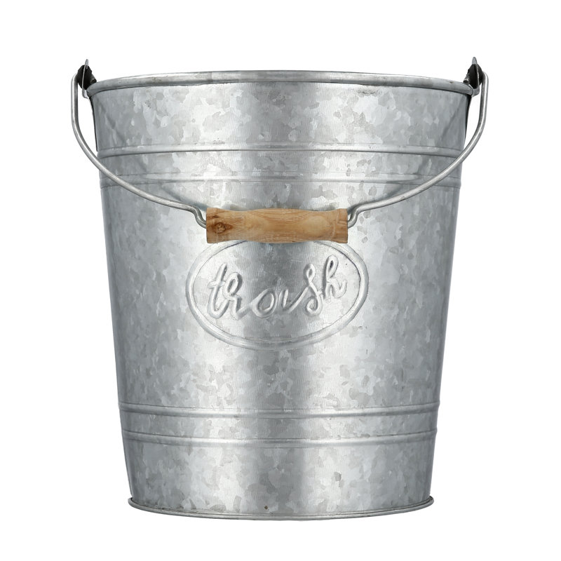 Rustic Galvanized Gray Trash Can with Wooden Handle