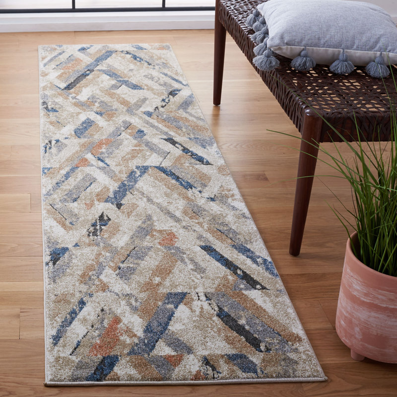 Tapis ivoire à motif géométrique Kolya, Tapis de couloir 2 pi 2 po x 8 pi