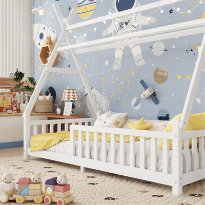 Lit simple avec lumière et lit surélevé avec clôture et toit pour enfants Garçons Filles, blanc