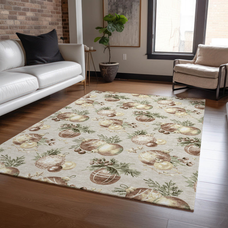 Tapis beige de boules de Noël intérieur / extérieur lavable à la machine, Rectangle 9 pi x 12 pi