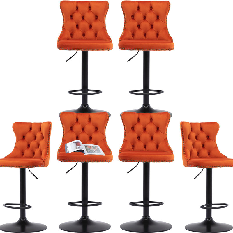 Tabourets de bar modernes et rembourrés en velours pivotant noir (ensemble de 4), Orange, 6