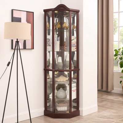 Armoire vitrée d'angle vitrée éclairée avec tablettes réglables Armoire à vin en cerisier sculpté, parfaite pour la maison ou le bureau - Cerisier foncé