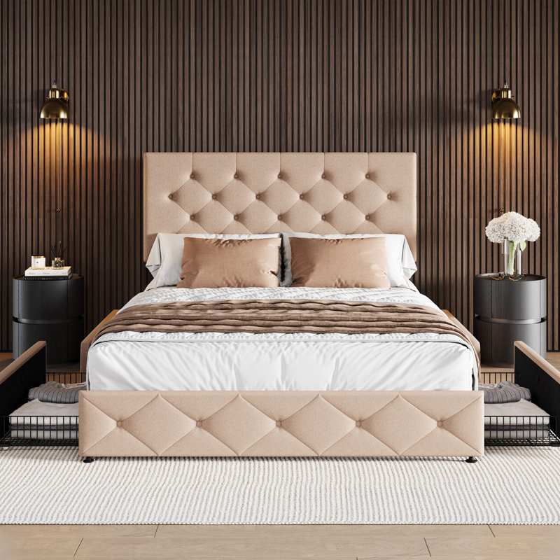 Zelna Upholstered Platform Storage Bed with 4 Drawers and Sleek Button Tufting, Full, Beige