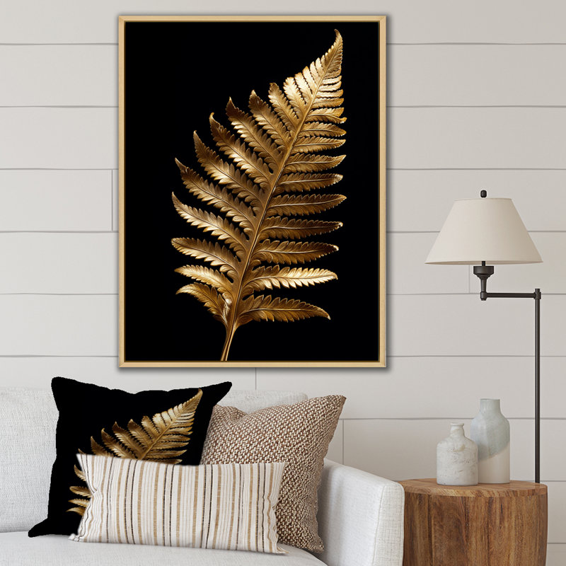 Feuille de fougère dorée sur fond noir sur toile, H 32 po x l 24 po x P 1 po, Cadre flottant brun