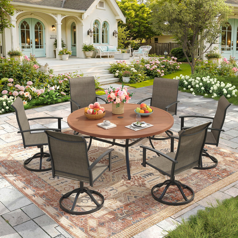 6-Person Outdoor Round Patio Dining Set With Swivel Chairs, Walnut/Black/Brown