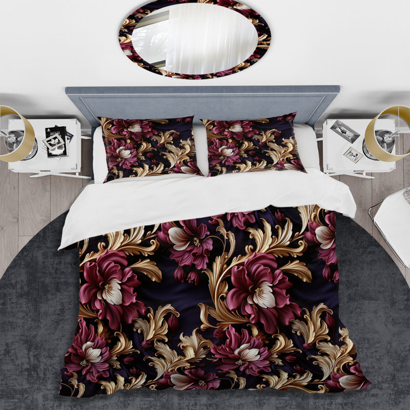 Literie Timeless Mauve Baroque Floral Dreams III, Housse de couette pour grand lit et 2 taies décor